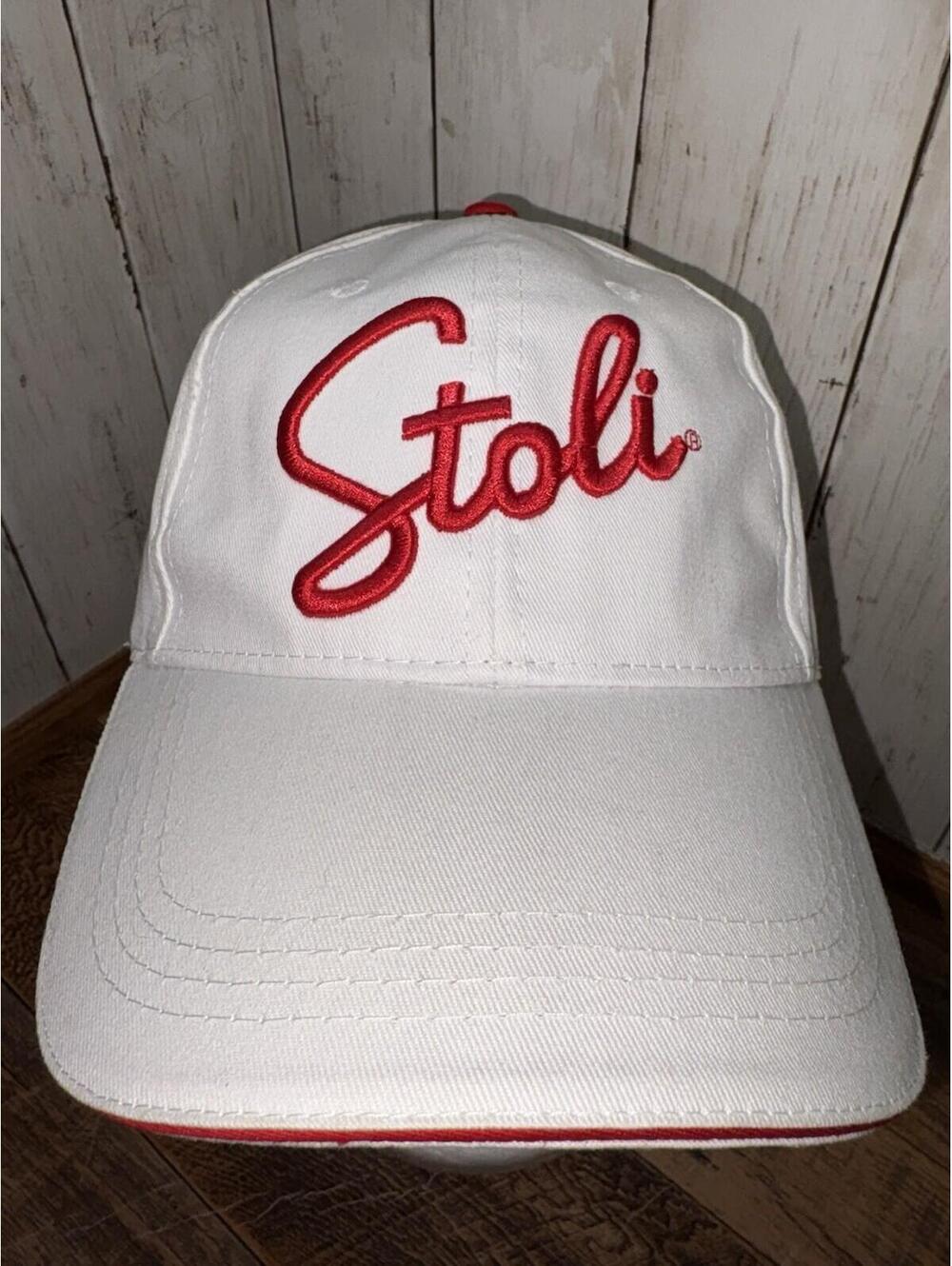STOLI Vodka White Cap Hat Adjustable Strapback Red Accents Stolichnaya Script - Picture 2 of 10